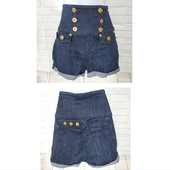YNQ Waist High Sailor Jean Dark Denim Shorts - Picture 1 of 8